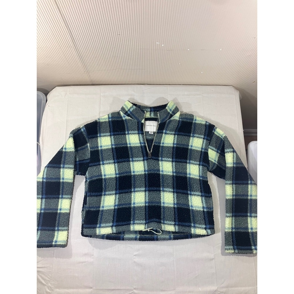 American Eagle Blue Plaid Sherpa Fleece Full Zip Jacket Womens